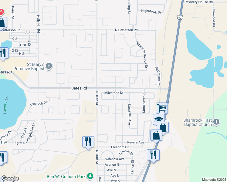 map of restaurants, bars, coffee shops, grocery stores, and more near 202 Milestone Drive in Haines City