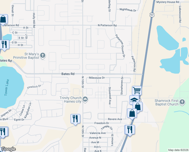 map of restaurants, bars, coffee shops, grocery stores, and more near 206 Milestone Drive in Haines City
