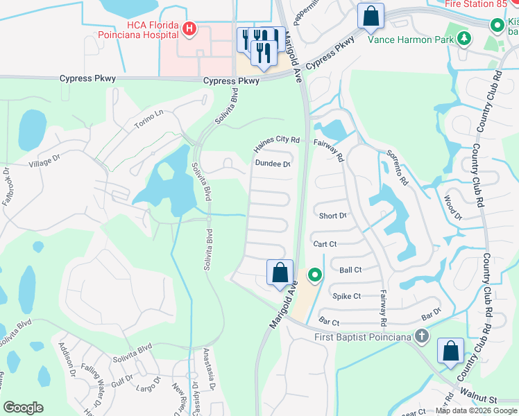 map of restaurants, bars, coffee shops, grocery stores, and more near 347 Edgewood Court in Kissimmee