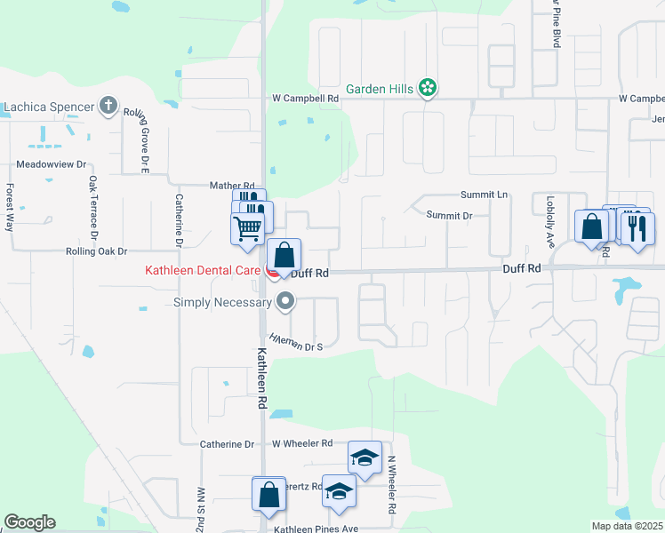 map of restaurants, bars, coffee shops, grocery stores, and more near 3627 Duff Road in Lakeland
