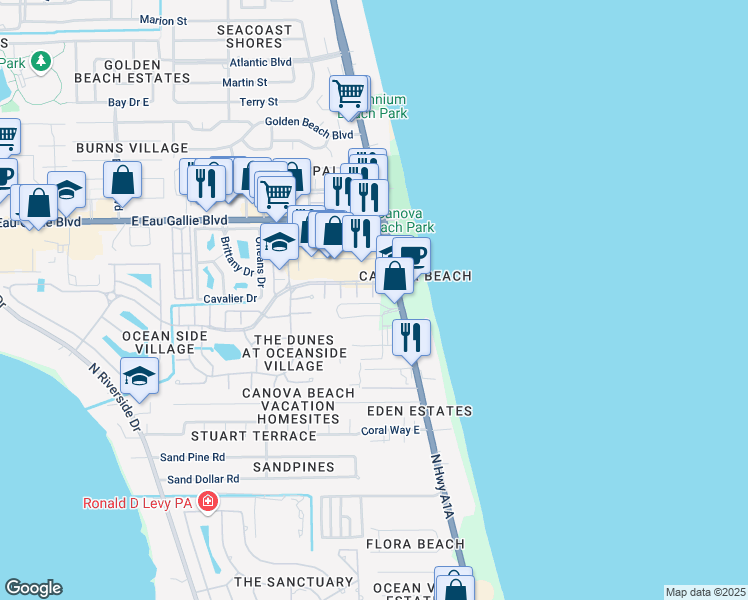 map of restaurants, bars, coffee shops, grocery stores, and more near 3100 Atocha Lane in Indialantic