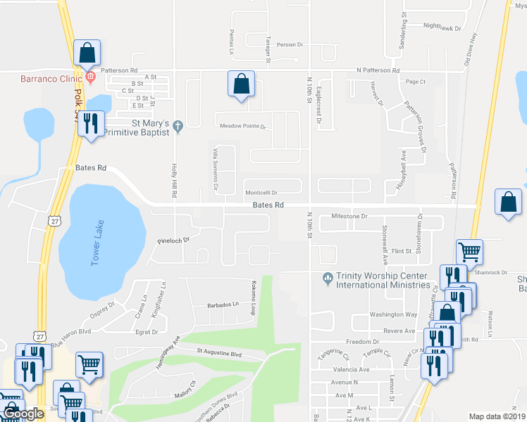 map of restaurants, bars, coffee shops, grocery stores, and more near 225 Minniehaha Circle in Haines City
