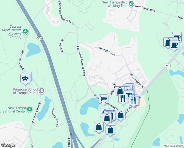 map of restaurants, bars, coffee shops, grocery stores, and more near 18483 Bridle Club Drive in Tampa