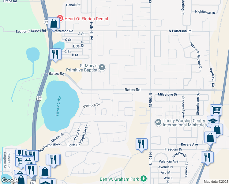 map of restaurants, bars, coffee shops, grocery stores, and more near 251 Minniehaha Circle in Haines City
