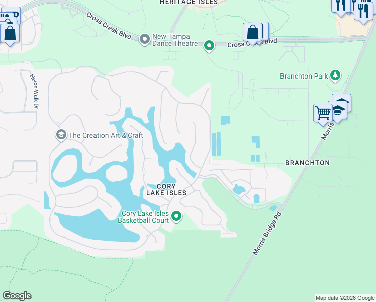 map of restaurants, bars, coffee shops, grocery stores, and more near 18024 Java Isle Drive in Tampa