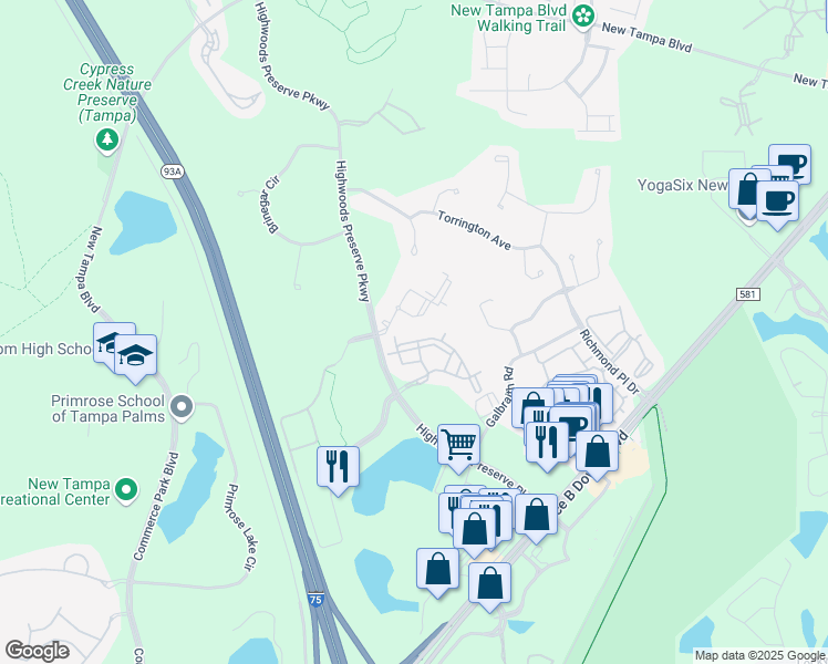 map of restaurants, bars, coffee shops, grocery stores, and more near 18409 Bridle Club Drive in Tampa