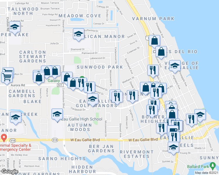 map of restaurants, bars, coffee shops, grocery stores, and more near 1768 Mosswood Drive in Melbourne