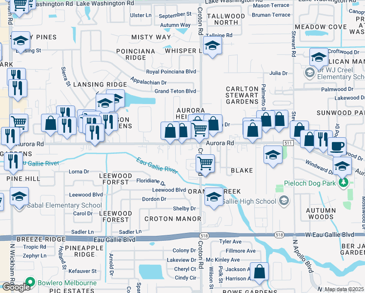 map of restaurants, bars, coffee shops, grocery stores, and more near 2149 Aurora Road in Melbourne