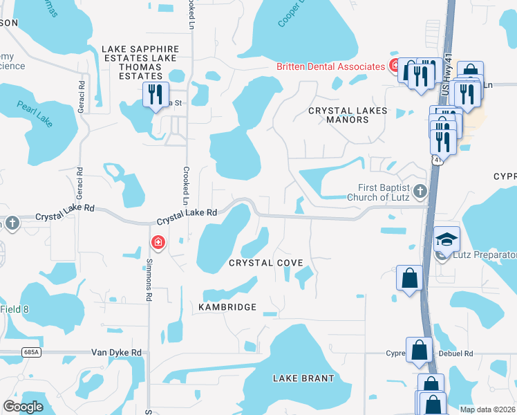 map of restaurants, bars, coffee shops, grocery stores, and more near 625 County Road 685A in Lutz
