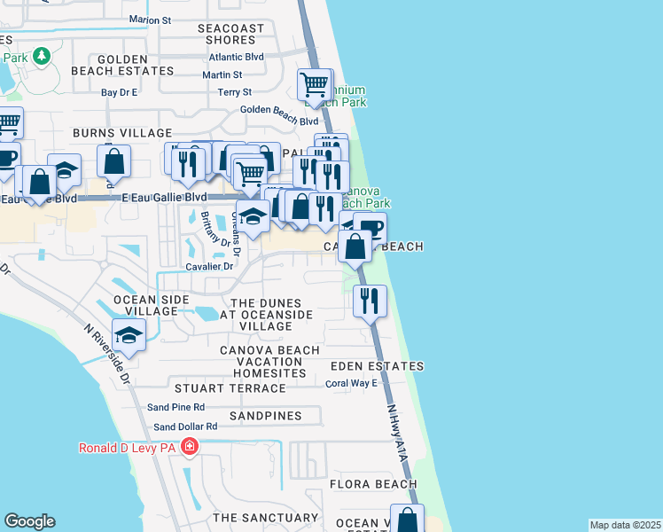 map of restaurants, bars, coffee shops, grocery stores, and more near 3100 Atocha Ln in Indialantic