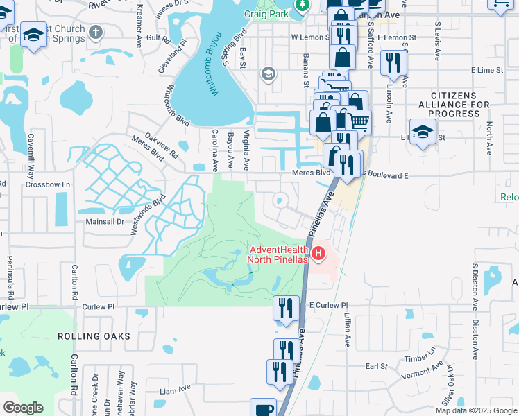 map of restaurants, bars, coffee shops, grocery stores, and more near 2017 Golf View Drive in Tarpon Springs
