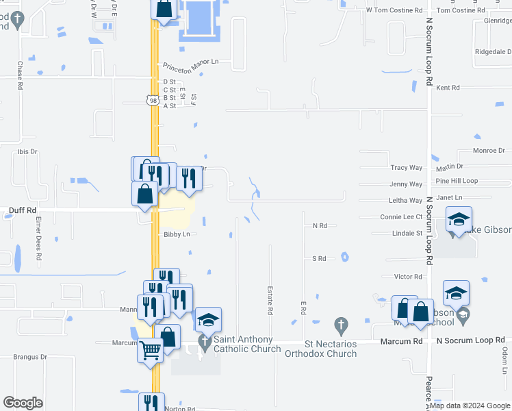 map of restaurants, bars, coffee shops, grocery stores, and more near 702 Fox Lake Drive in Lakeland
