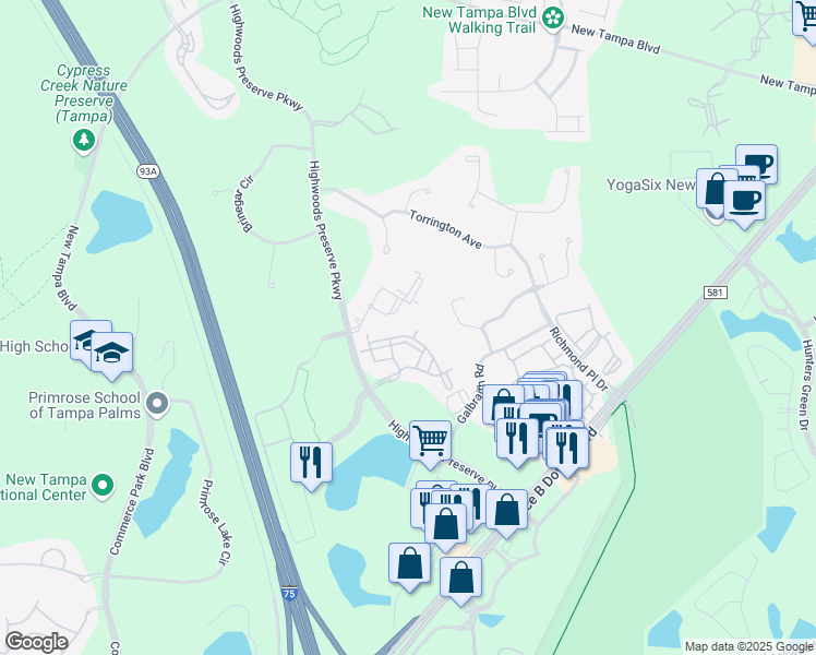 map of restaurants, bars, coffee shops, grocery stores, and more near 18389 Bridle Club Drive in Tampa