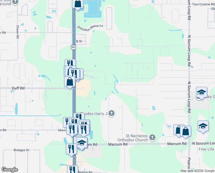 map of restaurants, bars, coffee shops, grocery stores, and more near 742 Fox Lake Drive in Lakeland