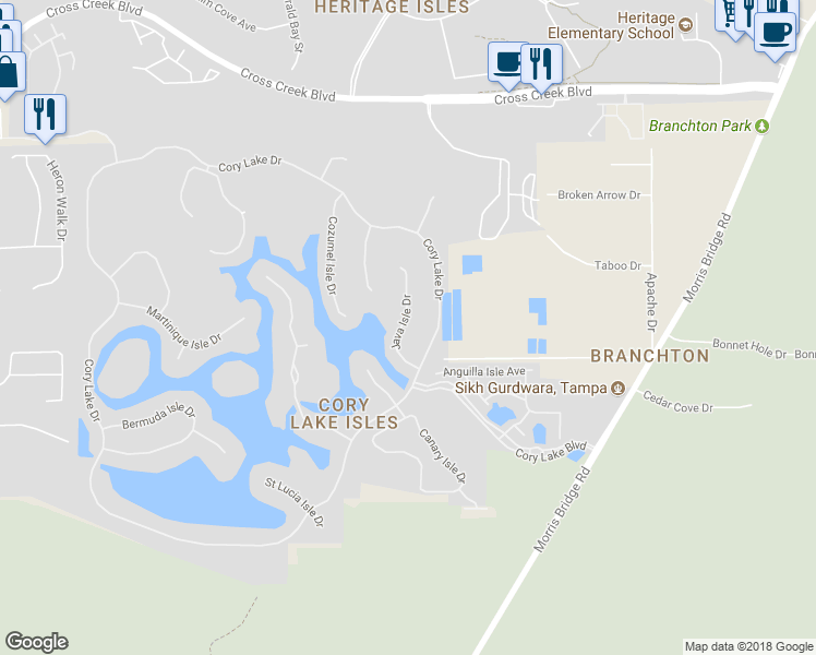 map of restaurants, bars, coffee shops, grocery stores, and more near 18019 Java Isle Drive in Tampa
