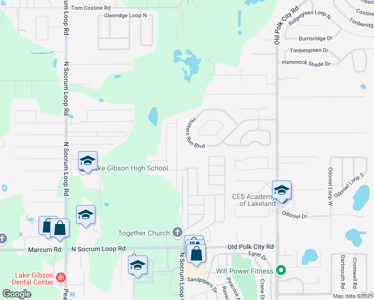 map of restaurants, bars, coffee shops, grocery stores, and more near 621 Hunters Run Boulevard in Lakeland