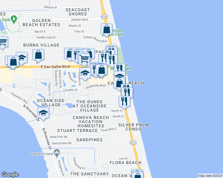 map of restaurants, bars, coffee shops, grocery stores, and more near 3110 Atocha Lane in Indialantic