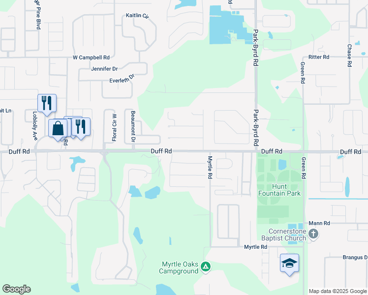map of restaurants, bars, coffee shops, grocery stores, and more near 2403 Duff Road in Lakeland