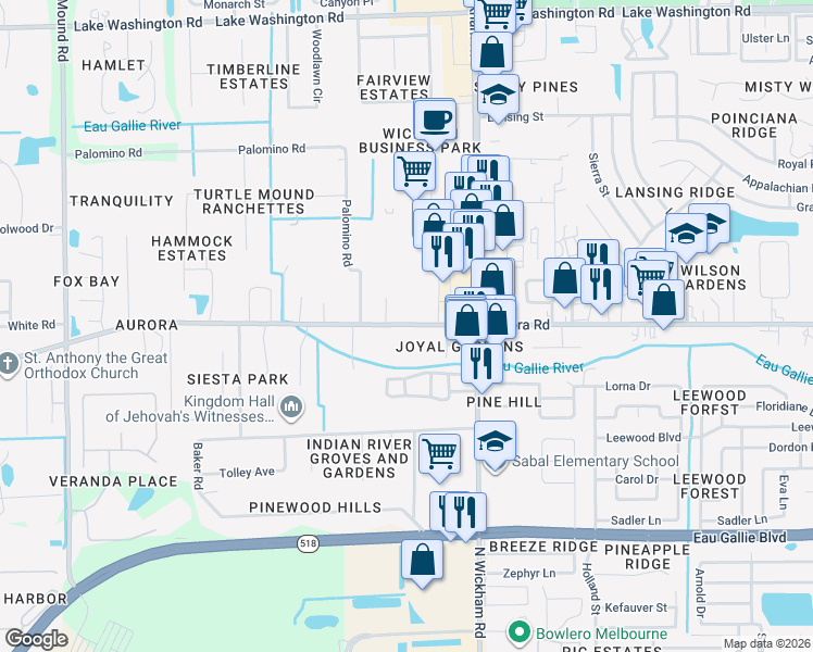 map of restaurants, bars, coffee shops, grocery stores, and more near 3199 Aurora Road in Melbourne