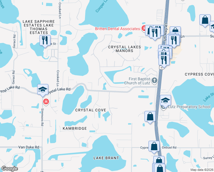 map of restaurants, bars, coffee shops, grocery stores, and more near 17922 Clear Lake Drive in Lutz