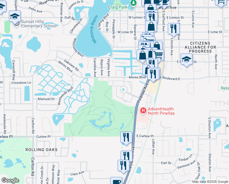 map of restaurants, bars, coffee shops, grocery stores, and more near 2014 Golf View Drive in Tarpon Springs
