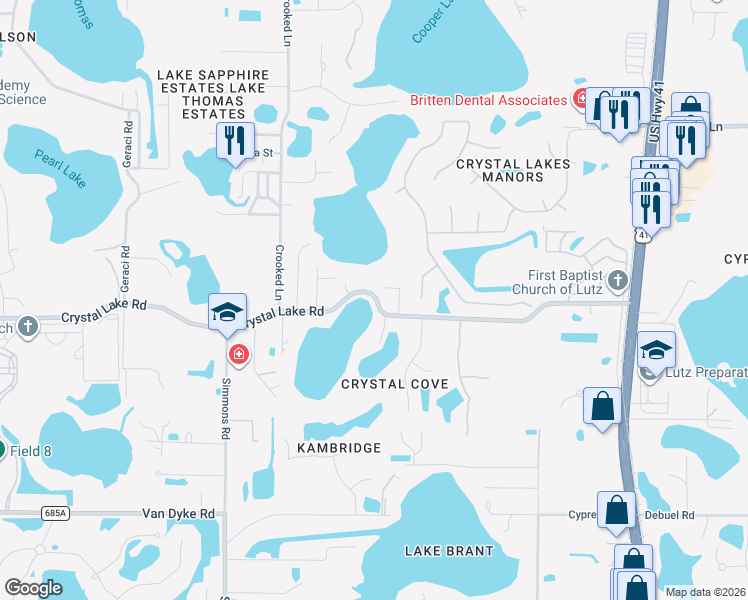 map of restaurants, bars, coffee shops, grocery stores, and more near 625 County Road 685A in Lutz