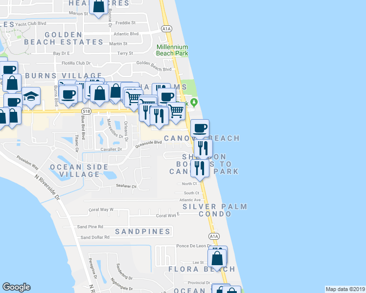 map of restaurants, bars, coffee shops, grocery stores, and more near 3121 Atocha Lane in Indialantic
