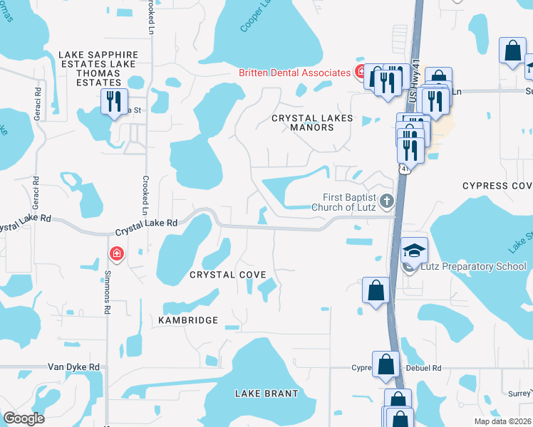 map of restaurants, bars, coffee shops, grocery stores, and more near 17922 Clear Lake Drive in Lutz