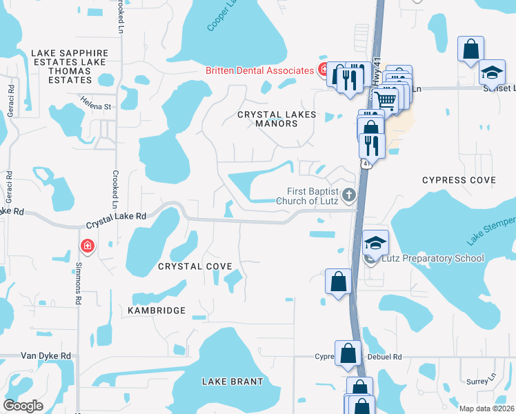 map of restaurants, bars, coffee shops, grocery stores, and more near 17913 Clear Lake Drive in Lutz