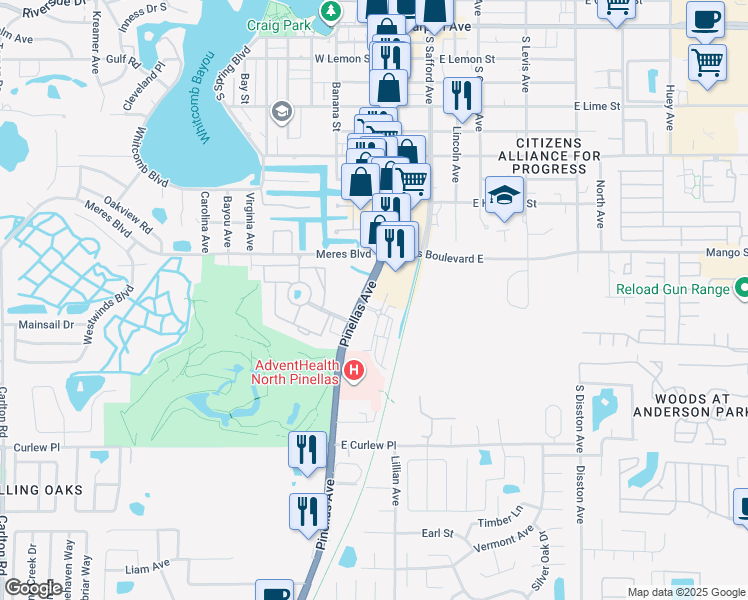 map of restaurants, bars, coffee shops, grocery stores, and more near Tiki Drive in Tarpon Springs