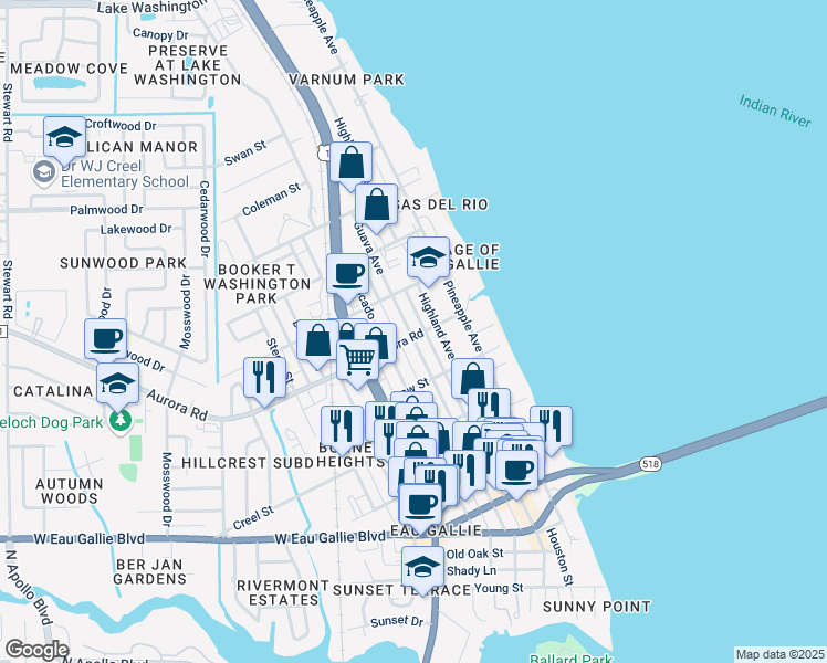 map of restaurants, bars, coffee shops, grocery stores, and more near 1751 Guava Avenue in Melbourne