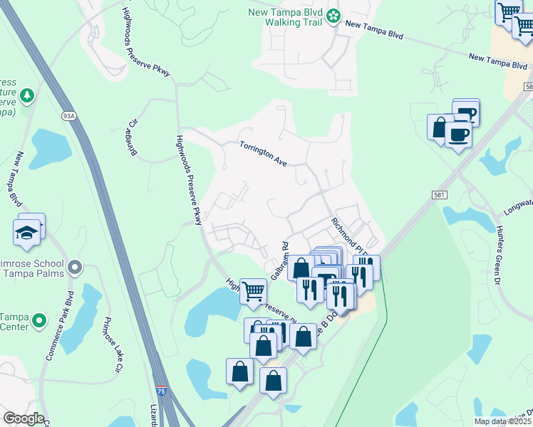 map of restaurants, bars, coffee shops, grocery stores, and more near 18120 Antietam Court in Tampa