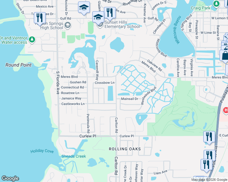 map of restaurants, bars, coffee shops, grocery stores, and more near 910 Carlton Road in Tarpon Springs