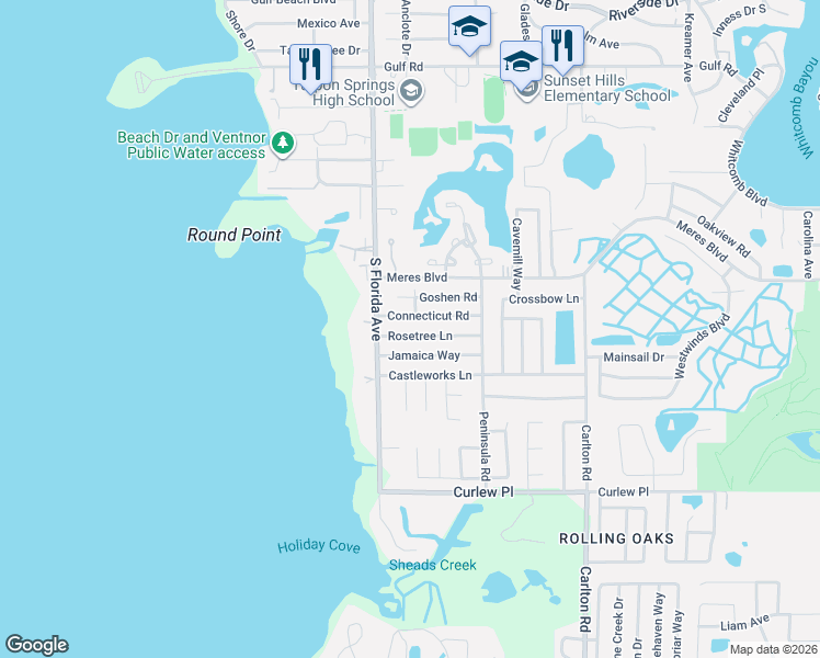 map of restaurants, bars, coffee shops, grocery stores, and more near 1040 Rosetree Lane in Tarpon Springs