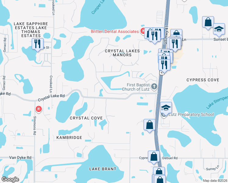 map of restaurants, bars, coffee shops, grocery stores, and more near 17913 Clear Lake Drive in Lutz