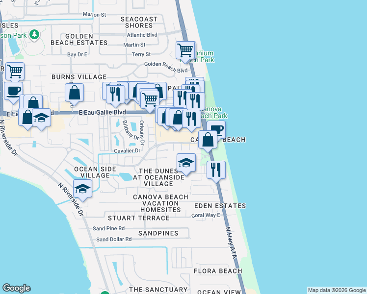 map of restaurants, bars, coffee shops, grocery stores, and more near 3104 Cobia Lane in Indialantic