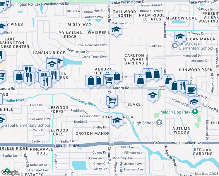 map of restaurants, bars, coffee shops, grocery stores, and more near Aurora Rd & Croton Rd in Melbourne