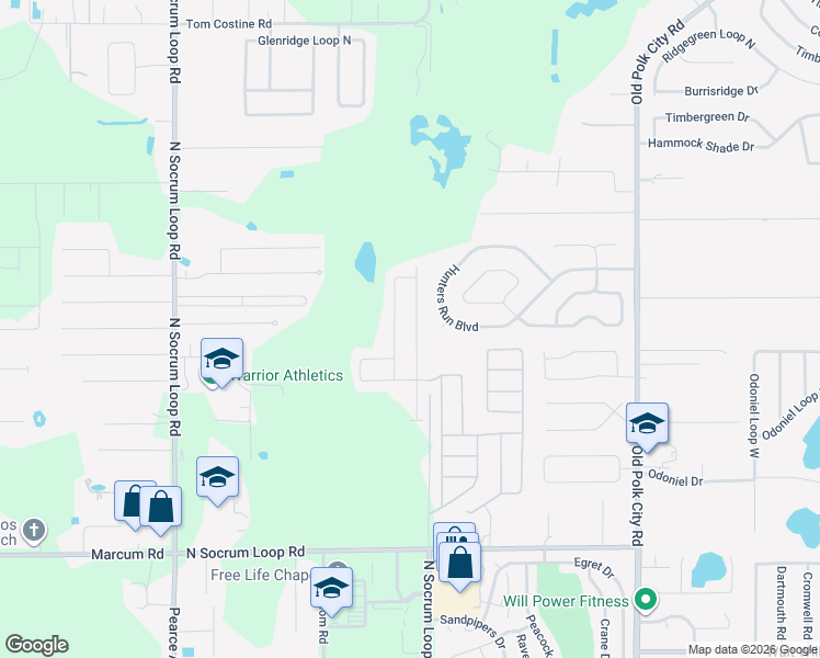 map of restaurants, bars, coffee shops, grocery stores, and more near 621 Hunters Run Boulevard in Lakeland