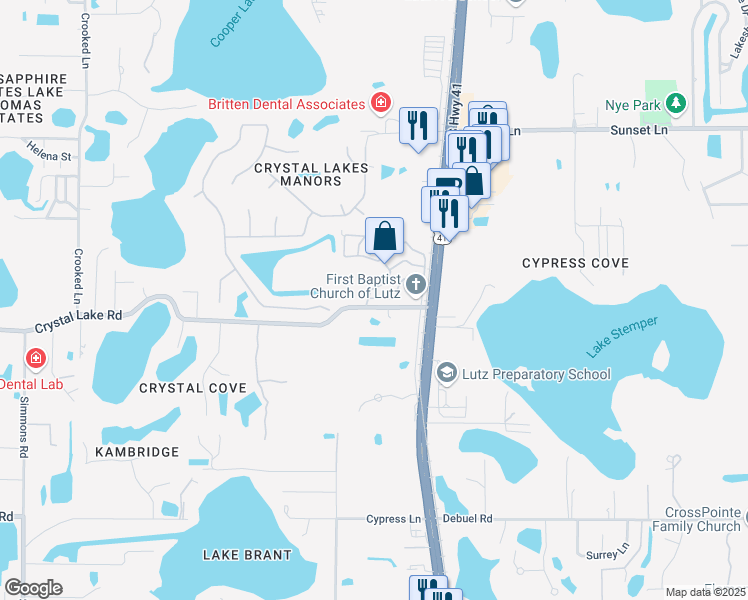 map of restaurants, bars, coffee shops, grocery stores, and more near 210 Crystal Lake Road in Lutz