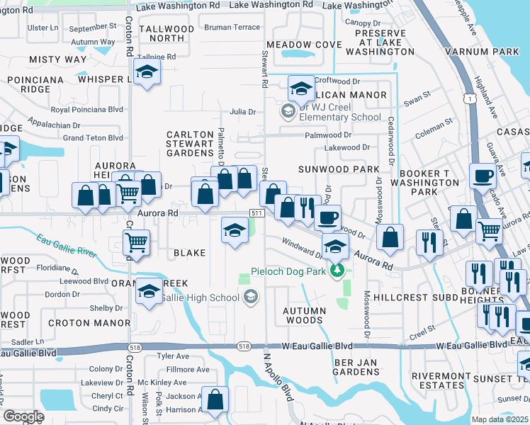 map of restaurants, bars, coffee shops, grocery stores, and more near Aurora Rd & Stewart Rd in Melbourne