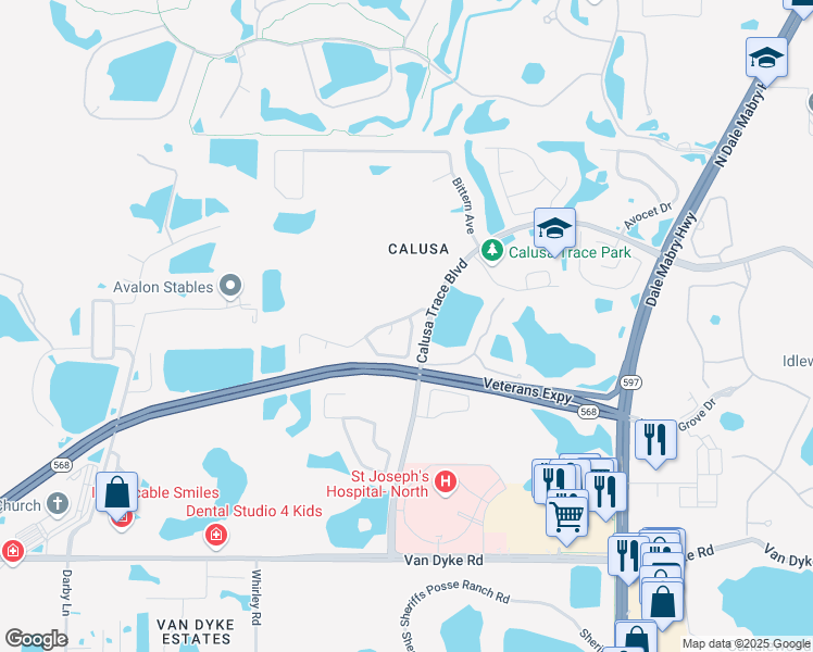 map of restaurants, bars, coffee shops, grocery stores, and more near 18138 Leafwood Circle in Lutz