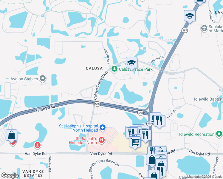 map of restaurants, bars, coffee shops, grocery stores, and more near 18106 Peregrines Perch Place in Lutz