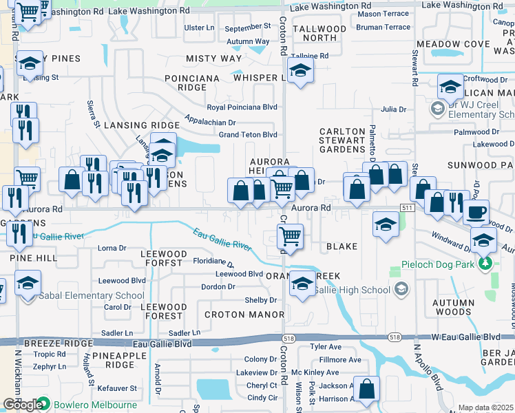 map of restaurants, bars, coffee shops, grocery stores, and more near 2149 Aurora Road in Melbourne