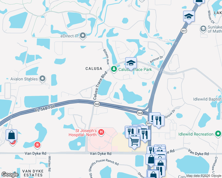 map of restaurants, bars, coffee shops, grocery stores, and more near 4205 Woodstorks Walk Way in Lutz
