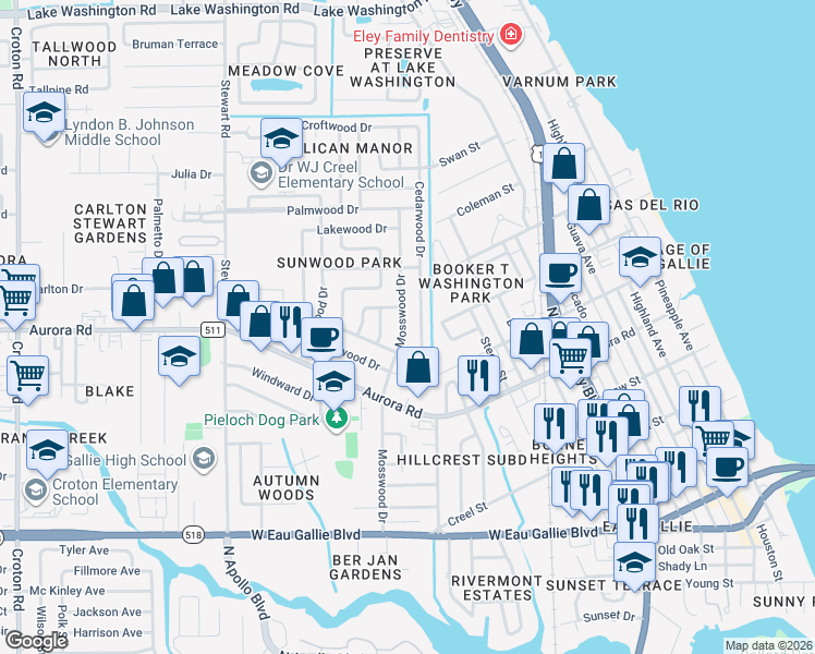 map of restaurants, bars, coffee shops, grocery stores, and more near 1791 Mosswood Drive in Melbourne