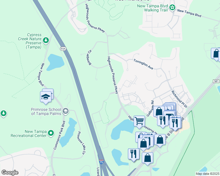 map of restaurants, bars, coffee shops, grocery stores, and more near 18302 Highwoods Preserve Parkway in Tampa