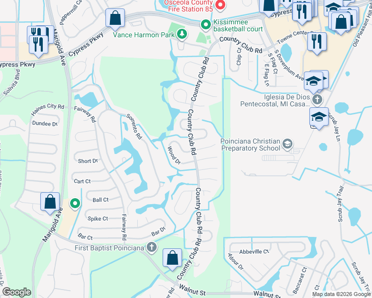 map of restaurants, bars, coffee shops, grocery stores, and more near 644 Wood Drive in Kissimmee