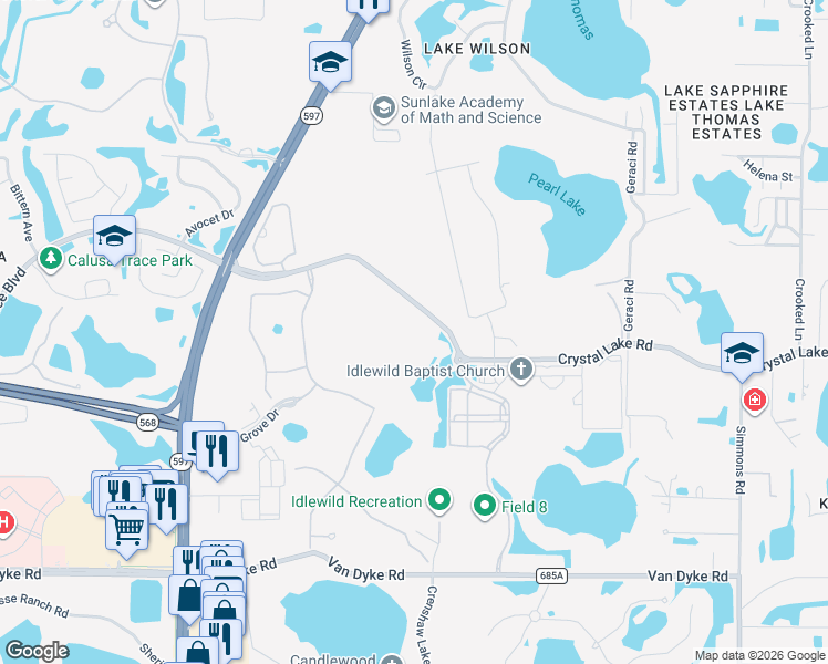 map of restaurants, bars, coffee shops, grocery stores, and more near 18420 Exciting Idlewild Boulevard in Lutz