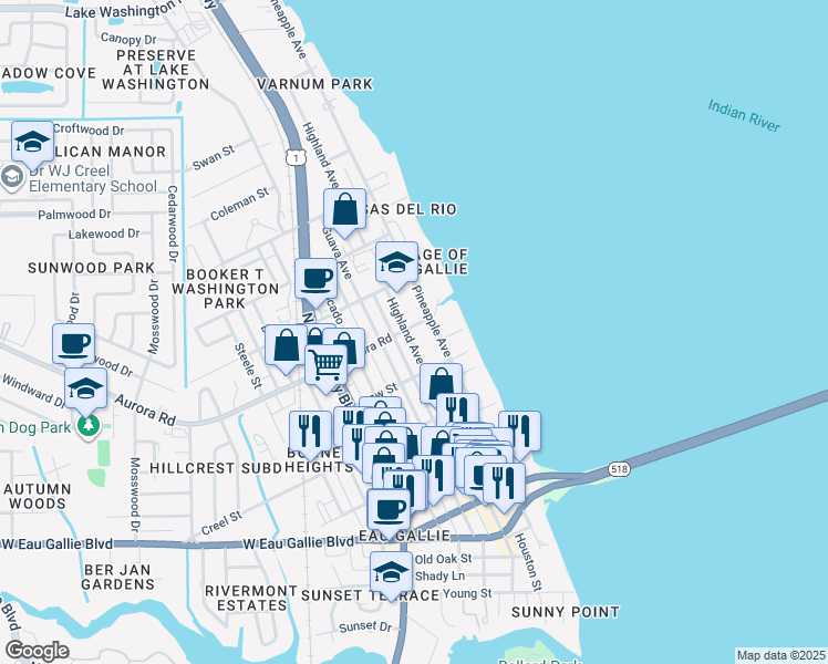 map of restaurants, bars, coffee shops, grocery stores, and more near 1781 Highland Avenue in Melbourne