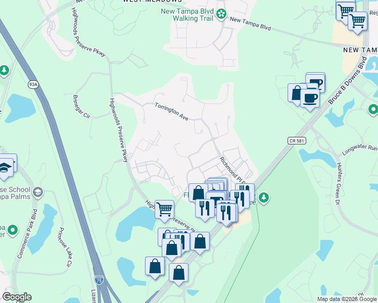 map of restaurants, bars, coffee shops, grocery stores, and more near 18107 Antietam Court in Tampa